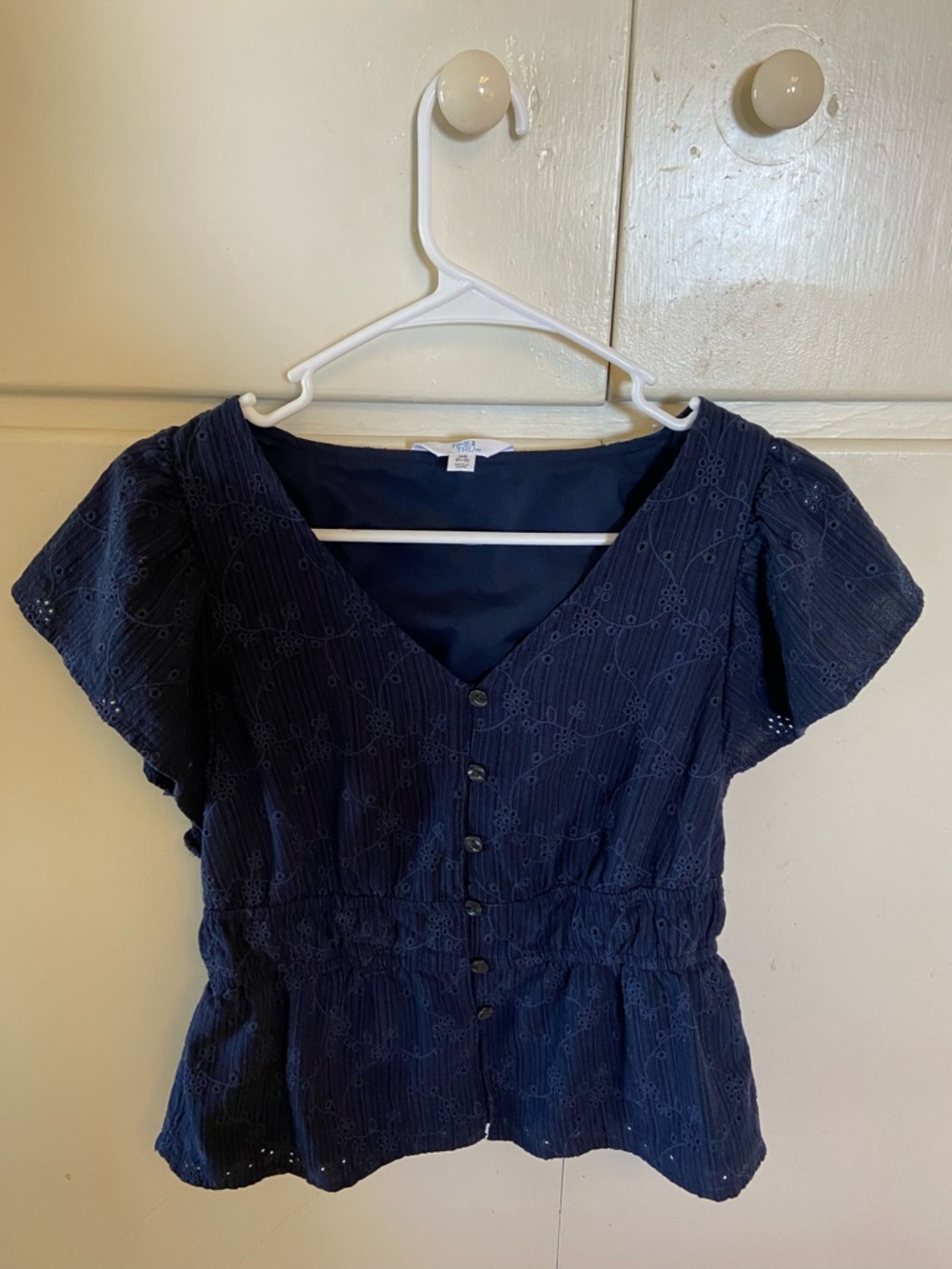 Time and Tru Navy Eyelet Button-Front Peplum Top